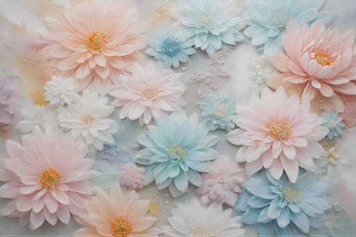 The image shows an abstract floral design composed of various types and colors of flowers, including pink, blue, white, and orange. The flowers are arranged in a way that creates a sense of depth and dimensionality to the composition.