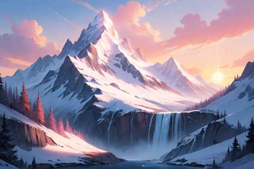 A breathtaking, serene mountain landscape unfolds under a vibrant sunset. Snow-capped peaks dominate the scene, with a cascading waterfall plunging into a still, blue lake nestled in a valley. The sky is ablaze with warm hues of pink and orange, contrasting with the cool blues of the snow. The art style is a digital painting, emphasizing soft gradients and atmospheric perspective to create a sense of depth and tranquility.