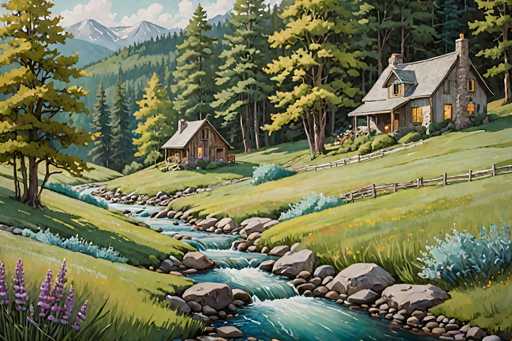 This detailed painting depicts a serene countryside scene with a small creek meandering through the center, flanked by lush green grass and vibrant flowers. The creek, adorned with rocks and boulders, flows gently from the bottom right corner towards the top left, where it disappears into the distance. On the left side of the creek, a charming wooden cabin with a porch and a chimney stands amidst tall trees, while on the right side, a larger two-story house with a porch and a chimney is nestled among more trees. The house features a wooden fence that stretches across the scene, adding to the rustic charm. In the background, rolling hills and mountains rise up, their peaks capped with snow under a sky dotted with clouds. The entire landscape is bathed in the warm glow of the setting sun, casting a gentle light over the entire scene.