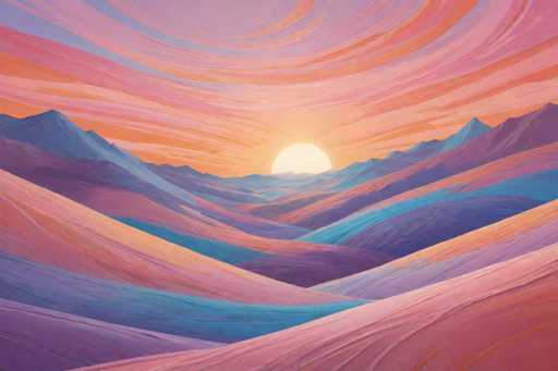 This image is a vibrant, abstract painting of a sunset over a mountainous landscape. The sky is a mesmerizing blend of colors, with the top portion painted in shades of purple and pink, transitioning into a warm orange as it approaches the horizon. The sun, depicted as a half-circle, is positioned just above the horizon, casting a radiant glow that illuminates the scene. The mountains in the background are rendered in various hues of purple, blue, and pink, creating a striking contrast against the colorful sky. The foreground features rolling hills and valleys, painted in a spectrum of colors including pink, blue, purple, and orange, adding depth and texture to the composition. The overall effect is a dynamic and visually captivating representation of a sunset, with the interplay of colors and shapes creating a sense of movement and energy.