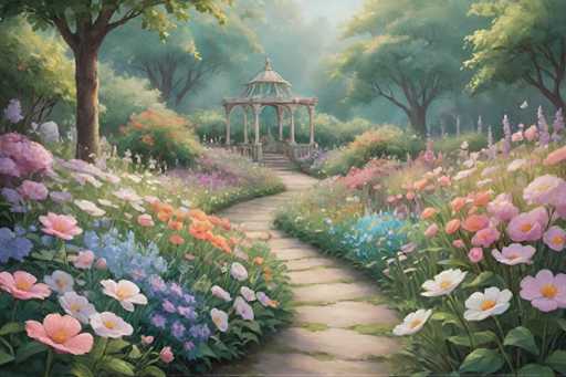 The image depicts a serene garden scene with a gazebo and a winding path through the center of the frame. The garden is filled with an array of colorful flowers, including pink, purple, white, and orange blooms. The perspective of the painting is from ground level, looking up at the gazebo and the surrounding trees in the background.