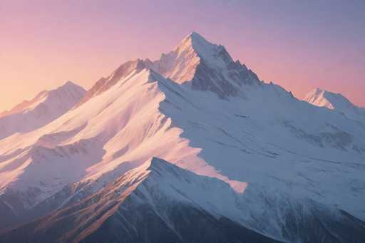 This image captures a breathtaking view of a majestic mountain range, likely taken from an elevated vantage point. The scene is dominated by a series of towering peaks, with the central mountain standing out as the tallest and most prominent. The mountains are blanketed in snow, creating a striking contrast against the rugged, rocky terrain visible at their bases. The sky above is a mesmerizing blend of pink and blue hues, suggesting either a sunrise or sunset, which casts a soft, ethereal light over the landscape. The interplay of light and shadow on the snow-covered slopes adds depth and drama to the scene, highlighting the grandeur and serene beauty of this natural wonder.