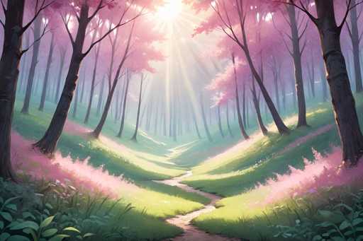This image is a detailed, computer-generated illustration of a serene forest scene. The forest is filled with tall trees, their trunks and branches rendered in shades of brown, while their leaves are a striking pink, creating a fantastical atmosphere. The forest floor is covered in lush green grass, interspersed with patches of pink flowers that add to the enchanting ambiance. A narrow, winding path meanders through the center of the forest, leading the viewer's eye deeper into the scene. The path is flanked by the vibrant green grass and pink flora, guiding the way through the tranquil woodland. The overall composition evokes a sense of peace and wonder, inviting the viewer to imagine themselves strolling along this picturesque trail.