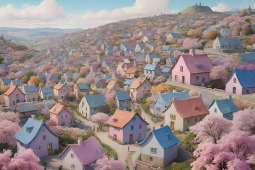 This image is a still from the 2015 animated film "Spirited Away," directed by Hayao Miyazaki. It depicts a picturesque hillside town with a variety of houses painted in vibrant shades of pink, blue, and white. The houses are scattered across the hillside, creating a charming and whimsical atmosphere. In the foreground, cherry blossom trees add a touch of natural beauty to the scene. The overall composition captures the magical and enchanting essence of the film's art style.