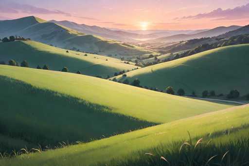 This image is a detailed painting of a serene countryside at sunset. The foreground features lush, green grass with some taller blades in the bottom right corner. A winding road starts from the bottom right and curves towards the center, leading into the distance. The landscape is filled with gently rolling hills and scattered trees, creating a sense of depth and tranquility. In the background, a majestic mountain range stretches across the horizon, with the sun setting behind it, casting a warm, golden glow across the scene. The sky is painted in soft hues of pink, purple, and blue, with wispy clouds adding to the peaceful atmosphere. The overall composition captures the beauty and calmness of a rural landscape at the golden hour.