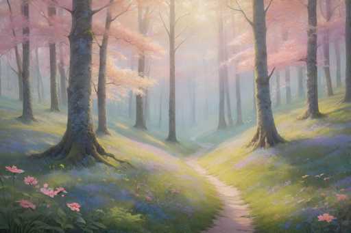 This image depicts a serene, fantasy-like forest scene with a winding dirt path that meanders through the center, leading into the distance. The forest is populated by tall trees with grayish-brown bark, their branches adorned with vibrant pink leaves. The ground is a lush carpet of green grass interspersed with patches of blue and purple flowers, as well as pink blossoms that dot the landscape. The scene is bathed in a soft, ethereal light, with sunlight filtering through the canopy, creating a gentle glow that enhances the dreamy atmosphere. The overall color palette is dominated by greens, pinks, and blues, contributing to the enchanting and tranquil mood of the forest.
