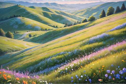 The image depicts a serene landscape with rolling hills covered in vibrant green grass and dotted with colorful wildflowers. The sky above is a clear blue, providing a beautiful backdrop to the scene. The perspective of the painting is from ground level, looking out over the expansive field.