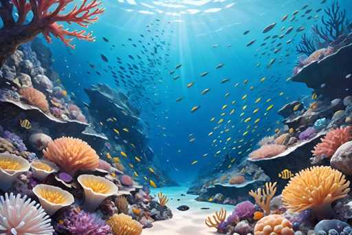 This image depicts a vibrant underwater scene, likely a painting or digital artwork, showcasing a bustling coral reef. The scene is set in a tropical ocean, with sunlight filtering down from the surface, creating a mesmerizing play of light and shadow. The sandy bottom is dotted with an array of colorful corals, including pink, orange, purple, and yellow varieties, as well as various sea plants and anemones. A school of small, yellow fish swims gracefully through the center, adding life and movement to the composition. The background features rocky formations and additional coral structures, enhancing the depth and richness of the underwater landscape. The overall effect is a stunning, detailed portrayal of marine life and coral reef ecosystems.