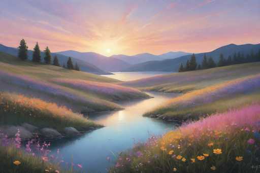 A serene landscape unfolds with a tranquil river winding through rolling, flower-filled hills under a vibrant sunset. The main subjects are the flowing water, colorful wildflowers, and distant mountains, all bathed in warm, soft light. The composition emphasizes depth with the foreground flowers leading to the distant mountains, creating a sense of peaceful vastness. The art style is painterly and dreamlike, with soft gradients and a focus on atmospheric perspective.