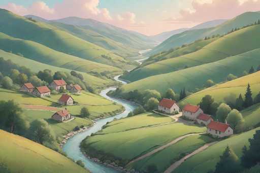 A serene, painterly illustration of a peaceful valley nestled amidst rolling green hills. A winding river meanders through the valley floor, reflecting the soft sunlight. Several quaint houses with red roofs are scattered throughout the landscape, suggesting a small, idyllic village. The sky is a gentle blend of soft blues and pinks with fluffy white clouds, creating a calm and inviting atmosphere. The overall style is reminiscent of a digital painting with a focus on soft gradients and gentle lighting, evoking a sense of tranquility and harmony.