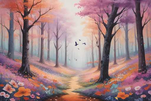 This image is a detailed painting of a serene forest scene, featuring a winding dirt path that stretches from the bottom center and curves gently to the right as it extends into the distance. The path is flanked by vibrant, colorful flowers in shades of orange, pink, purple, and blue, creating a lush carpet on the ground. Tall trees with dark brown trunks rise from the forest floor, their branches adorned with a mix of green, orange, and pink leaves, suggesting a transitional season, possibly early autumn. The trees on the left side of the path have more orange leaves, while those on the right display more pink foliage. In the center of the image, a few black birds are seen flying, adding a touch of life to the tranquil scene. The sky above is a light gray, casting a soft, diffused light over the entire landscape. The overall composition evokes a sense of peace and natural beauty, with the harmonious blend of colors and elements creating a captivating visual experience.