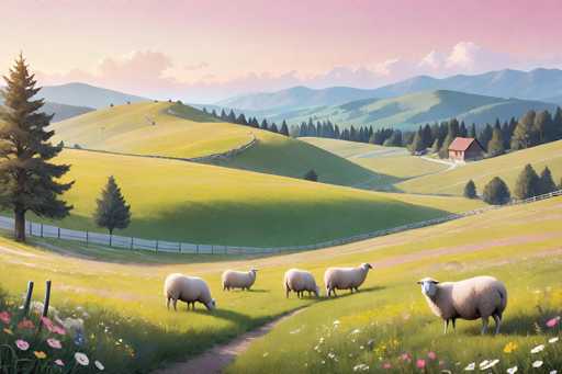 A serene, idyllic pastoral scene unfolds with a flock of sheep grazing in a rolling green pasture. A winding path leads through the field, flanked by a lone evergreen tree and a charming red barn in the distance. Soft sunlight bathes the landscape, creating a peaceful, dreamlike atmosphere with a painterly, slightly stylized aesthetic.