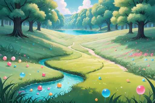 This vibrant, computer-generated image depicts a picturesque park scene with a winding river flowing through the center. The river, adorned with colorful balls in shades of pink, blue, orange, and yellow, meanders from the bottom left corner, curving gently to the right before disappearing into the distance. On either side of the river, lush green grassy hills are dotted with trees, their leaves a mix of light and dark green hues. The left hill features a prominent tree with a thick brown trunk, while the right hill is adorned with pink flowers and more trees. In the background, a serene blue sky with fluffy white clouds stretches above a distant mountain range, adding depth to the tranquil landscape. The overall scene is bathed in sunlight, enhancing the vivid colors and creating a harmonious blend of natural elements.