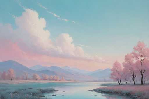 This image is a detailed, computer-generated painting of a serene landscape. The scene features a winding river that begins at the bottom center of the image, meandering towards the right before curving back to the left, eventually disappearing into the horizon. The river is flanked by lush grassy banks on both sides. On the right side, there are several trees with vibrant pink leaves, adding a splash of color to the scene. The left side also has grassy areas, with trees that have a more muted, brownish hue. 

In the background, a series of bluish-gray mountains rise up, their peaks fading into the distance. The sky above is a gradient of blue, transitioning to pink near the horizon, suggesting either a sunrise or sunset. Fluffy white clouds are scattered across the sky, with some streaks of white clouds visible in the upper left corner. The overall atmosphere of the painting is tranquil and picturesque, capturing the beauty of nature in a harmonious blend of colors and elements.