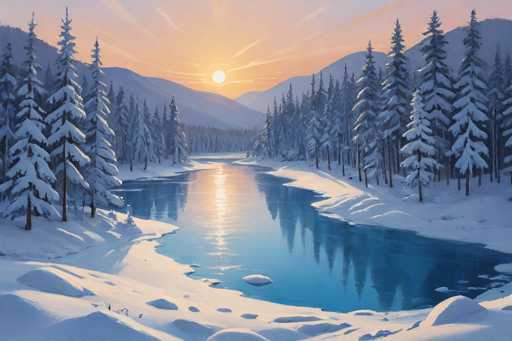 This detailed painting depicts a serene winter landscape, likely set in a mountainous region. The scene is dominated by a winding river that begins at the bottom right corner, meandering towards the center before curving back to the right. The river's surface is a striking blue, reflecting the snow-covered surroundings and the sun's rays. Flanking the river are dense forests of tall, snow-laden pine trees, their branches heavy with fresh snow. The riverbanks are similarly blanketed in snow, creating a pristine white contrast against the blue water. In the background, majestic mountains rise, their peaks also covered in snow. The sky above is a blend of orange and blue hues, with the sun positioned just above the horizon, casting its warm glow across the landscape. The overall atmosphere is one of tranquility and natural beauty, capturing the essence of a winter's day in a mountainous wilderness.