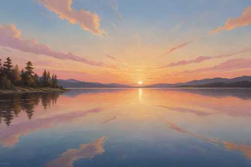 This image captures a serene sunset over a tranquil lake, with the sky painted in a mesmerizing blend of blue, pink, and orange hues. The sun, a glowing yellow orb, is positioned just above the horizon, casting a warm, reflective glow across the water. The lake's surface is remarkably still, creating a mirror-like reflection of the sky and the surrounding landscape. On the left side of the image, a dense cluster of tall trees stands on a grassy bank, their silhouettes mirrored in the lake below. The right side of the image features a more gradual slope leading down to the water, also dotted with trees. In the distance, a range of mountains forms a dark silhouette against the colorful sky, adding depth to the scene. The overall composition is a harmonious blend of natural elements, with the still water perfectly reflecting the vibrant sky and the silhouetted trees and mountains, creating a picturesque and tranquil vista.