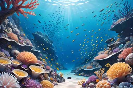 The image depicts an underwater scene with a vibrant coral reef and a school of fish swimming around it. The colors used are predominantly blue, green, and orange, creating a lively and colorful underwater landscape.