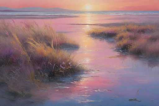 This image is a detailed painting of a serene beach scene at sunset. The sky is awash with vibrant hues of orange, pink, and yellow, with the sun positioned just above the horizon, casting a warm glow across the landscape. In the background, a mountain range is visible, adding depth to the composition. The ocean stretches out, its waves gently rolling towards the shore. The beach itself is adorned with patches of grass and clusters of flowers, predominantly in shades of yellow, pink, and purple. The water reflects the colorful sky, creating a shimmering effect with pink and yellow tones. The overall atmosphere is tranquil and picturesque, capturing the beauty of nature at the close of day.