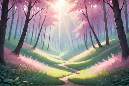 The image depicts a serene forest scene with tall trees and vibrant pink flowers on the left side of the frame. The sky is clear blue, and sunlight filters through the trees, casting dappled shadows on the ground below. A winding path meanders through the center of the image, disappearing into the distance where it meets the horizon line at the top right corner.