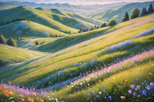 This image is a detailed painting of a picturesque meadow set in a hilly, rural landscape. The foreground is dominated by a vibrant array of wildflowers, including shades of pink, orange, blue, and white, interspersed with green grass. The meadow stretches out towards the horizon, where it meets a series of gently rolling hills. These hills are dotted with clusters of trees, particularly noticeable on the right side of the image. The background features a distant mountain range, adding depth to the scene. The sky above is painted in hues of pink and blue, suggesting either a sunrise or sunset. The overall composition is serene and idyllic, capturing the beauty of nature in a realistic yet slightly stylized manner.