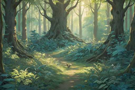 This image is a detailed, computer-generated illustration of a lush forest scene. The focal point is a large, ancient tree with a thick trunk and sprawling branches, situated slightly to the left of center. The forest floor is carpeted with a variety of green plants, including ferns and other leafy vegetation, creating a vibrant and dense undergrowth. A winding dirt path meanders through the forest, leading towards the central tree. The scene is bathed in sunlight, which filters through the canopy, casting dappled shadows on the ground and highlighting the rich textures of the foliage. The overall color palette is dominated by various shades of green, with touches of brown and yellow, enhancing the natural and serene atmosphere of the forest.