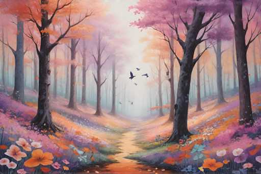The image depicts a forest scene with tall trees and colorful flowers on the ground. The sky above is filled with pink and orange hues, creating a warm and inviting atmosphere. A winding path leads through the center of the image, surrounded by an array of vibrant flowers in shades of purple, orange, yellow, and white. Several birds can be seen flying around the trees and flowers, adding to the sense of movement and life within the scene.