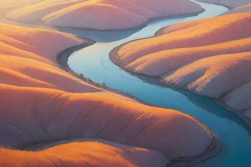 This image is a detailed painting of a serene landscape featuring a winding river that meanders through a series of rounded, sand dune-like hills. The river, which begins in the bottom right corner, flows upward and to the left, then curves back to the right, eventually disappearing into the top left corner. The hills, which are predominantly orange with hints of pink and purple, create a visually striking contrast against the river's blue waters. The scene is bathed in the warm, golden light of a setting sun, casting a soft glow over the entire landscape. The painting is devoid of any text, people, or animals, allowing the viewer to fully appreciate the tranquil beauty of the natural setting.