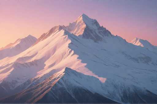 The image shows a majestic mountain range with snow-capped peaks against the backdrop of a breathtaking sunset. The mountains, painted in white and gray hues, dominate the scene from left to right. Their peaks are adorned with patches of snow that glisten under the fading sunlight. The sky above mirrors this palette, transitioning from light blue at the horizon to pinkish-orange near the mountaintops. The sun is setting behind these mountains, casting a warm glow over the entire landscape and creating long shadows on the ground below.