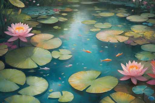 This image is a detailed painting of a serene pond, featuring a harmonious blend of natural elements. The pond is adorned with numerous lily pads, some of which are green while others exhibit a yellowish tint. Among these lily pads, vibrant pink water lilies with yellow centers bloom, adding a splash of color to the scene. The water itself is a striking blue, reflecting the sunlight and creating a shimmering effect. Swimming gracefully in the pond are several koi fish, including orange ones and a distinctive white fish with a red stripe. The background of the painting is lush with green grass and additional water lilies, enhancing the tranquil atmosphere. The overall composition is a captivating blend of blues, greens, pinks, and yellows, capturing the essence of a peaceful pond environment.