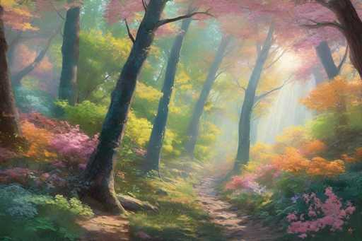 This image is a detailed painting of a serene forest scene, likely created with oil paints. The forest is depicted with a variety of trees, each showcasing different colors and textures. On the left side, there are trees with brown trunks and vibrant pink leaves, while the right side features trees with orange foliage. The forest floor is adorned with a diverse array of flowers and bushes in shades of pink, orange, yellow, and green, creating a lush and colorful undergrowth. A narrow, winding dirt path meanders through the center of the forest, leading the viewer's eye deeper into the scene. The sky above is a clear blue, with sunlight filtering through the canopy, casting a warm glow on the forest floor. The overall composition is rich in detail, with the interplay of light and color enhancing the tranquil and picturesque nature of the setting.