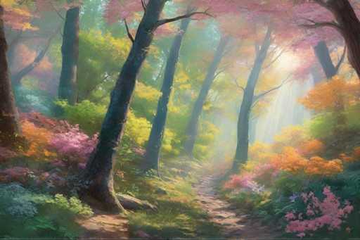 The image depicts a serene forest scene with tall trees and colorful flowers. The perspective is from the ground looking up towards the sky, creating a sense of depth and scale. The colors used in the painting are predominantly green and pink, which contribute to the overall peaceful atmosphere of the scene.