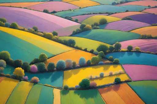 This image is a vibrant, detailed painting of a colorful farmland. The scene is composed of numerous rectangular and square fields, each painted in a variety of bright colors including pink, purple, yellow, green, blue, and orange. The fields are divided by rows of trees, which add a natural boundary between the different colored plots. The painting is viewed from an aerial perspective, giving a comprehensive look at the entire landscape. The trees are depicted in shades of green, yellow, and pink, adding to the overall vividness of the scene. The entire composition is filled with these colorful fields and trees, creating a lively and dynamic representation of farmland.