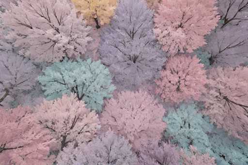 The image shows a close-up view of a field filled with trees and flowers painted in various shades of pink, blue, green, and yellow. The trees have thin trunks and branches that extend outwards, creating a sense of depth and dimension. The flowers are scattered throughout the scene, adding to the overall visual appeal.