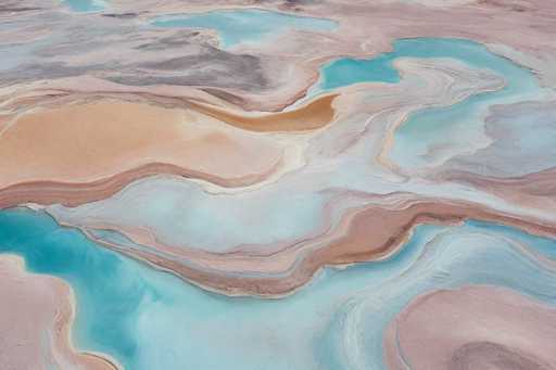 This aerial photograph captures a stunning natural landscape featuring a series of interconnected pools and bodies of water, possibly part of a hot springs or salt flats. The image is dominated by various shades of blue, ranging from light to dark, interspersed with patches of pink, brown, and gray. The water bodies are irregularly shaped, with some appearing as small, circular pools while others extend into longer streams. The terrain surrounding these water bodies is a mix of sandy and rocky surfaces, with the sand displaying hues of pink, brown, and gray. The overall composition is a mesmerizing blend of colors and textures, creating a visually captivating scene that highlights the intricate beauty of this natural formation.