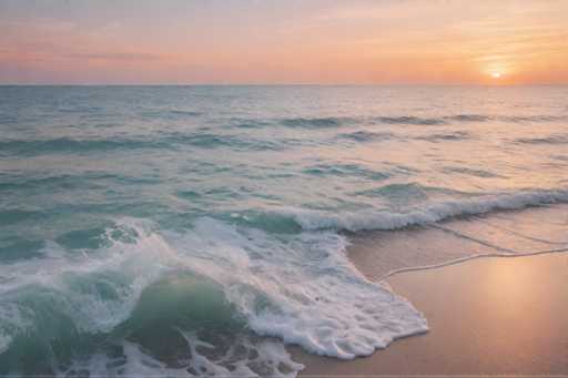 The image shows a serene beach scene at sunset. The sky is painted with hues of orange and pink, indicating the sun setting over the horizon. The ocean is a deep blue-green color, reflecting the warm glow of the setting sun. The water has small waves crashing onto the shoreline. The perspective of the photo is taken from the shore, looking out towards the vast expanse of the ocean.