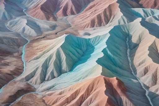 This image depicts a stunning, computer-generated aerial view of a vast mountain range. The mountains are rendered in a variety of vibrant colors, including shades of blue, pink, red, and brown, creating a surreal and almost otherworldly landscape. A prominent feature is a light blue river that winds through the mountains, adding a dynamic element to the scene. The river's path is visible from the top left corner, curving down towards the bottom right, and then veering back to the left. The mountains themselves are depicted with intricate detail, showcasing ridges and valleys that give them a textured appearance. The overall composition is reminiscent of a topographical map, with the mountains appearing to rise and fall in elevation, creating a visually striking and colorful panorama.