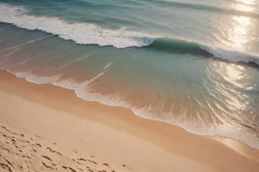 This aerial photograph captures a serene beach scene, likely taken from a drone or helicopter. The image is divided diagonally from the top left to the bottom right, with the ocean occupying the upper portion and the sandy shore in the lower part. The ocean water is a stunning blue-green, with gentle waves rolling towards the shore, creating white foam at the water's edge. The sunlight, coming from the top right, casts a warm glow on the water, enhancing its vibrant colors. The sand is a light tan, almost white, and appears smooth and undisturbed except for a few footprints visible in the bottom left corner. The overall composition is simple yet captivating, highlighting the natural beauty of the beach and ocean.