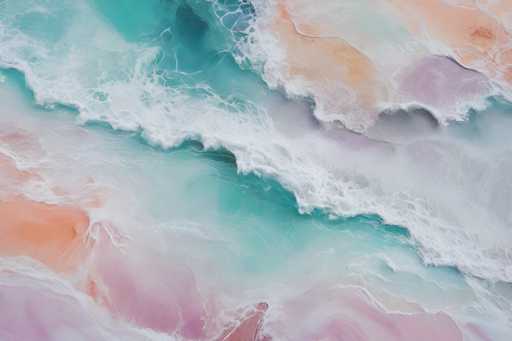 The image is a detailed, abstract painting that evokes the dynamic motion of ocean waves. The composition features a series of white, foamy crests that stretch diagonally from the top left to the bottom right, resembling the frothy peaks of waves as they break. The background is a harmonious blend of various shades of blue, pink, purple, and white, creating a soft, ethereal atmosphere. The interplay of these colors and the fluid motion captured in the crests give the impression of water in constant motion, with no distinct objects or text present. The overall effect is a mesmerizing, almost hypnotic representation of ocean waves, rendered in a style that blurs the line between painting and photography.