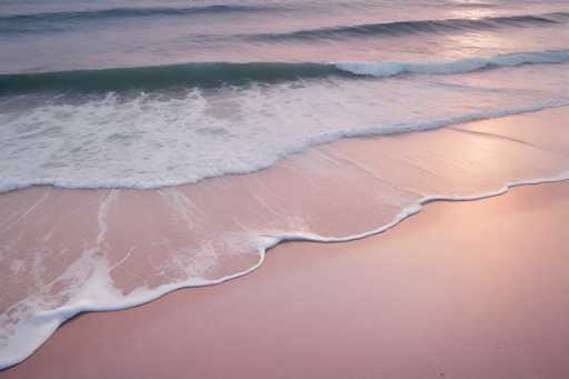 A mesmerizing aerial photograph captures the serene beauty of a beach at sunset. The image, taken from a high vantage point, looks down upon the pristine shoreline. The sand, a delicate light pink hue, is wet and smooth, reflecting the warm glow of the setting sun. Gentle waves from the ocean lap at the shore, leaving behind a frothy white foam that contrasts beautifully with the pink sand. The ocean itself is a deep, dark blue, with waves rolling in from the left side of the frame. The interplay of light and shadow on the water's surface adds depth and texture to the scene. In the top right corner, the sun's rays cast a shimmering reflection on the water, enhancing the tranquil and picturesque atmosphere of this coastal paradise.