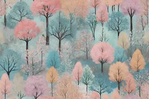 The image shows a vibrant and colorful forest scene with trees painted in shades of pink, blue, green, and yellow. The trees are densely packed together, creating a sense of depth and dimension. The background is a light beige color that contrasts beautifully with the bright colors of the trees.