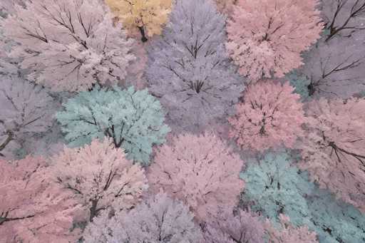 This image captures a stunning aerial view of a forest, likely taken from a drone or helicopter. The photograph showcases a diverse array of trees, each with unique and vibrant colors. Dominating the scene are trees with pink foliage, interspersed with others displaying shades of purple, light blue, and even a striking yellow. The trees are densely packed, creating a rich tapestry of colors that almost resemble flowers from this high vantage point. The branches and trunks of the trees are visible, adding depth to the image. Notably, there is a distinct yellow tree in the upper left corner, contrasting with the surrounding pink and purple trees. The overall composition is a mesmerizing blend of colors, highlighting the natural beauty and diversity of the forest canopy.