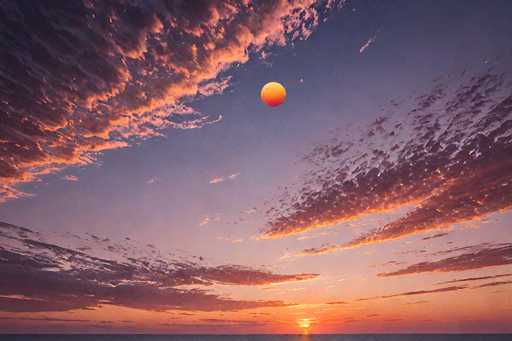 A breathtaking, surreal sunset with a vibrant orange moon partially obscured by clouds. The sky is a blend of deep purples and soft oranges, with wispy clouds painted in shades of pink and orange. The horizon is a dark, hazy line where the sky meets what appears to be water or a distant landscape. The overall mood is serene and dreamlike, with the warm colors creating a sense of tranquility.
