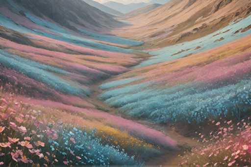 The image depicts a vibrant valley with a winding path through it. The valley is filled with an array of colorful flowers and plants, creating a sense of depth and perspective. The sky above the valley is a light blue color, providing a serene backdrop to the lively scene below. The artist's signature can be seen in the bottom right corner of the image.