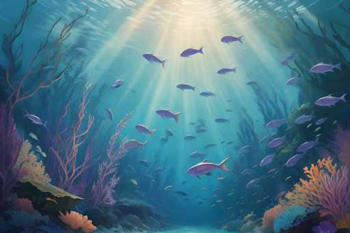 The image depicts a vibrant underwater scene, dominated by schools of purple fish gracefully swimming amidst coral reefs and swaying sea plants. Sunlight streams down, illuminating the scene with a warm glow. The art style is painterly and fantastical, emphasizing depth and an ethereal atmosphere.