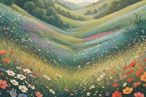 This image is a detailed painting of a vibrant, colorful meadow. The foreground is dominated by an array of wildflowers in various hues, including orange, pink, purple, white, and blue. These flowers are depicted with long green stems and are scattered across the lush grass, creating a vivid tapestry of color. The meadow itself is hilly, with the terrain rising and falling gently, giving it a dynamic and natural feel. In the background, the landscape transitions into rolling hills covered with dense green trees, adding depth and a sense of tranquility to the scene. The sky above is a clear, light blue, suggesting a bright, sunny day. The overall composition is rich with detail, capturing the essence of a serene and picturesque countryside.