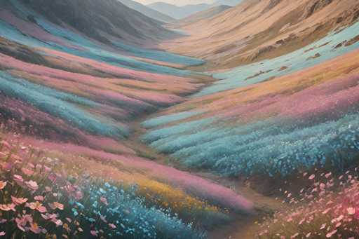 This image is a detailed painting of a vibrant, colorful valley nestled between two mountains. The valley is filled with an array of wildflowers in various hues, including pink, blue, yellow, and orange, creating a striking contrast against the earthy tones of the mountains. The left mountain is predominantly brown with patches of black, while the right mountain is a lighter brown. A dirt path winds through the center of the valley, leading the viewer's eye towards the distant, light blue mountains on the horizon. The sky above is a clear blue, adding to the serene and picturesque atmosphere of the scene. The overall composition captures the beauty and tranquility of nature, with the wildflowers appearing to sway gently in the breeze.