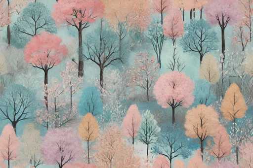 This image is a detailed, abstract painting of a forest scene, featuring a variety of trees with distinct colors and shapes. The trees are depicted with black trunks and branches, some adorned with white flowers. The foliage ranges from light blue, pink, and peach to orange, yellow, and green, creating a vibrant and diverse palette. The background is a blend of light blue and white, enhancing the ethereal quality of the scene. The trees vary in height, with some towering over others, and their leaves form a mix of full, fluffy clusters and sparse, bare branches. The overall composition is reminiscent of a whimsical, almost dreamlike forest, with the trees appearing to float in a misty, abstract space.