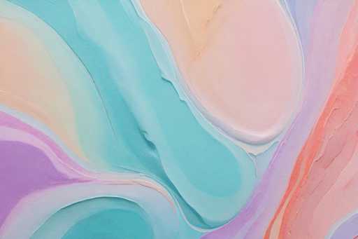 The image is an abstract, fluid acrylic paint pouring artwork. Soft, blended hues of pastel blue, peach, and lavender swirl together in organic, wave-like patterns. The paint's texture is evident, with visible drips and layered surfaces creating a sense of movement and depth. The overall style is modern and artistic, emphasizing color and form over representational imagery.