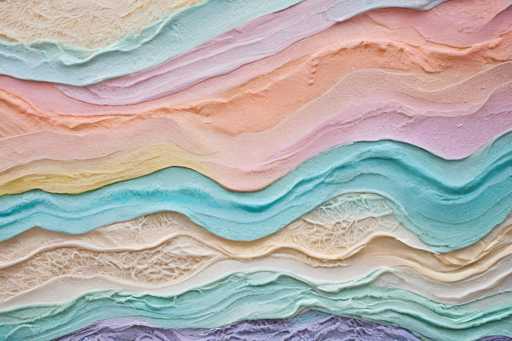 This image showcases a close-up view of a layered substance, likely ice cream or frozen yogurt, with a variety of vibrant colors and textures. The layers are meticulously stacked, creating a visually appealing pattern. Starting from the top, the colors transition from a light yellow to a light blue, followed by a light pink, a darker orange, and a darker pink. The sequence continues with another light blue, a yellowish layer, a darker blue, a light brown, a darker brown, a light green, and finally ends with a purple layer at the bottom. The texture of the substance varies across the image, with some areas appearing smooth while others have a more textured look, reminiscent of tree bark. The overall composition is colorful and intricate, highlighting the different hues and textures of the layered treat.