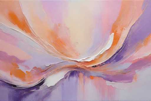 This image is a detailed abstract painting, likely created using oil or acrylic paints. The composition features a dynamic interplay of colors and textures, with a central focus on a white, paint-like substance that appears to be dripping or flowing. The painting is dominated by shades of purple, pink, and orange, with the purple being particularly prominent in the bottom left corner. The top portion of the painting showcases a blend of pink and orange hues, while the bottom right corner transitions into a more grayish tone. The overall effect is reminiscent of a flower or a seashell, with the white paint creating a striking contrast against the vibrant background. The texture of the paint varies throughout the piece, with some areas appearing thick and others thin, adding depth and dimension to the artwork.